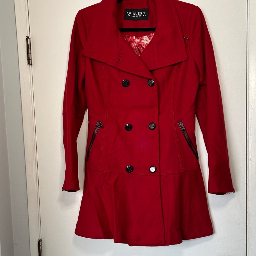 GUESS Red Double Breasted Trench Coat Jacket Winter Wool